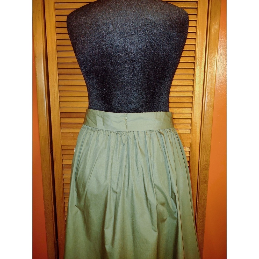 Olive Green Cotton Eyelet Maxi Skirt - Sheen Buttons Bow Tie Elastic Waist - M - Picture 6 of 13